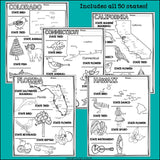 50 States Research Posters, Coloring Pages - US States Research Project