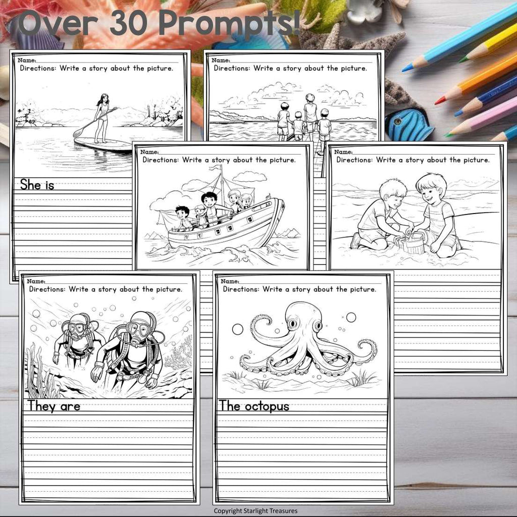 Ocean Writing Prompts, Ocean Picture Writing Prompts with Sentence Starters
