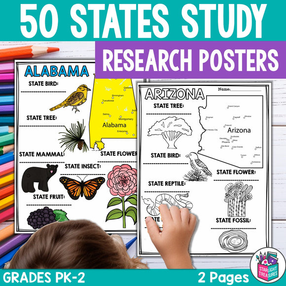 50 States Research Posters, Coloring Pages - US States Research Project