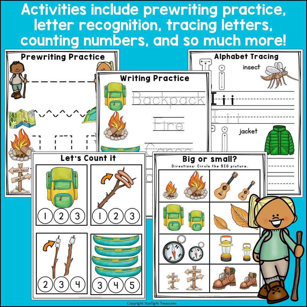 Camping Pre-K Kindergarten Worksheets for Early Readers - Summer Camp, Hike