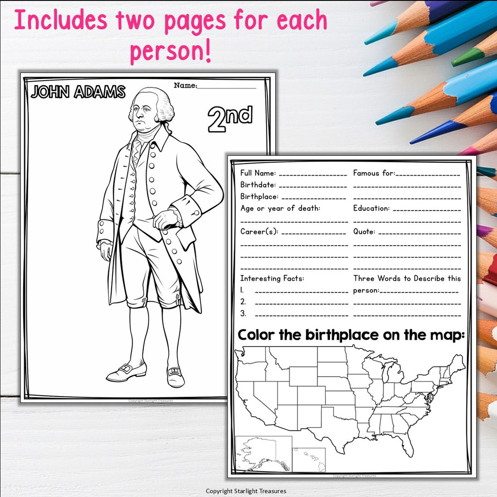 US Presidents Research Posters, Coloring Pages - Biography Research Project