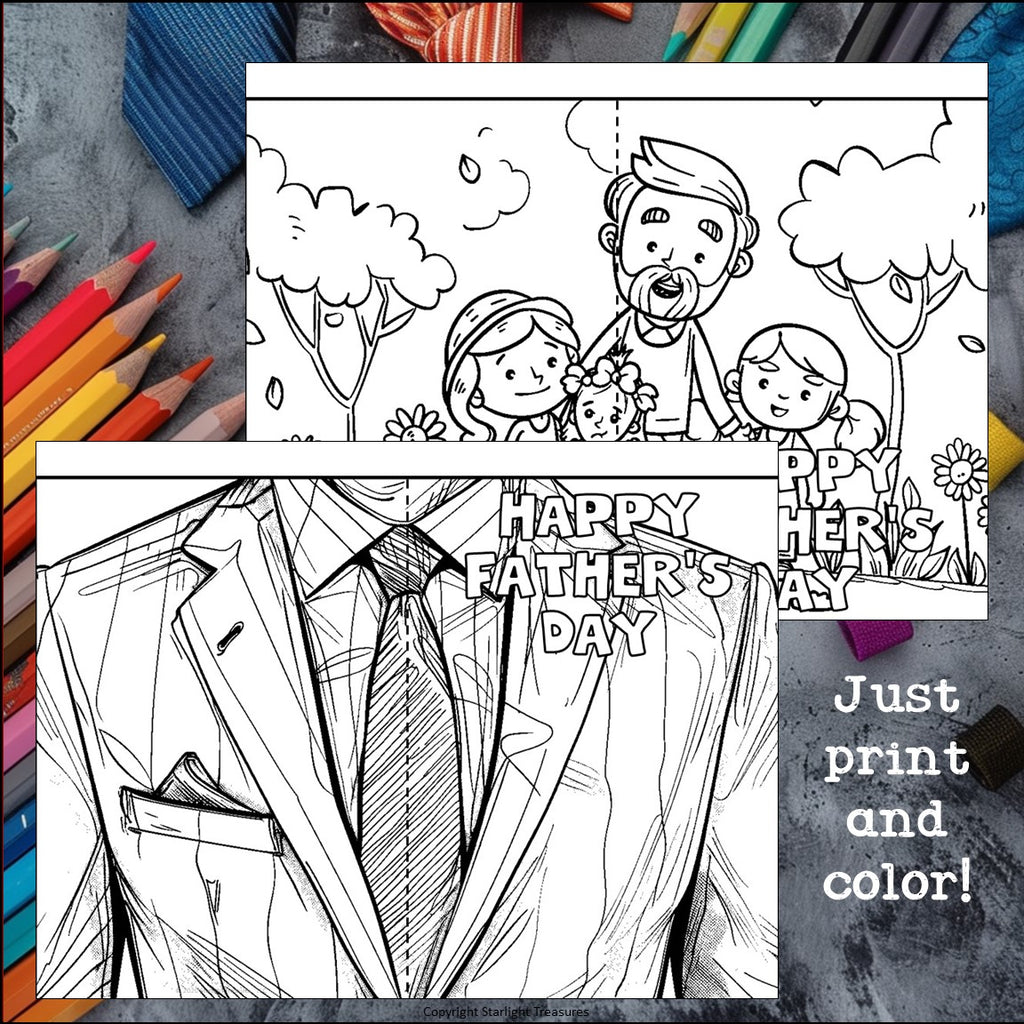 Father's Day Cards to Color - Father's Day Craft Activity, Coloring, Cards