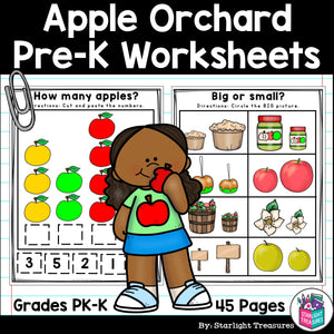 Apple Orchard Pre-K Kindergarten Worksheets for Early Readers - Fall, Apples