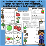 Apple Orchard Pre-K Kindergarten Worksheets for Early Readers - Fall, Apples
