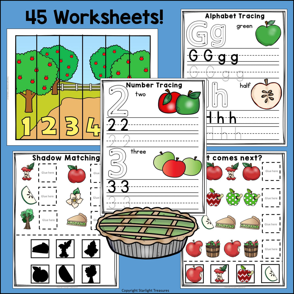 Apple Orchard Pre-K Kindergarten Worksheets for Early Readers - Fall, Apples