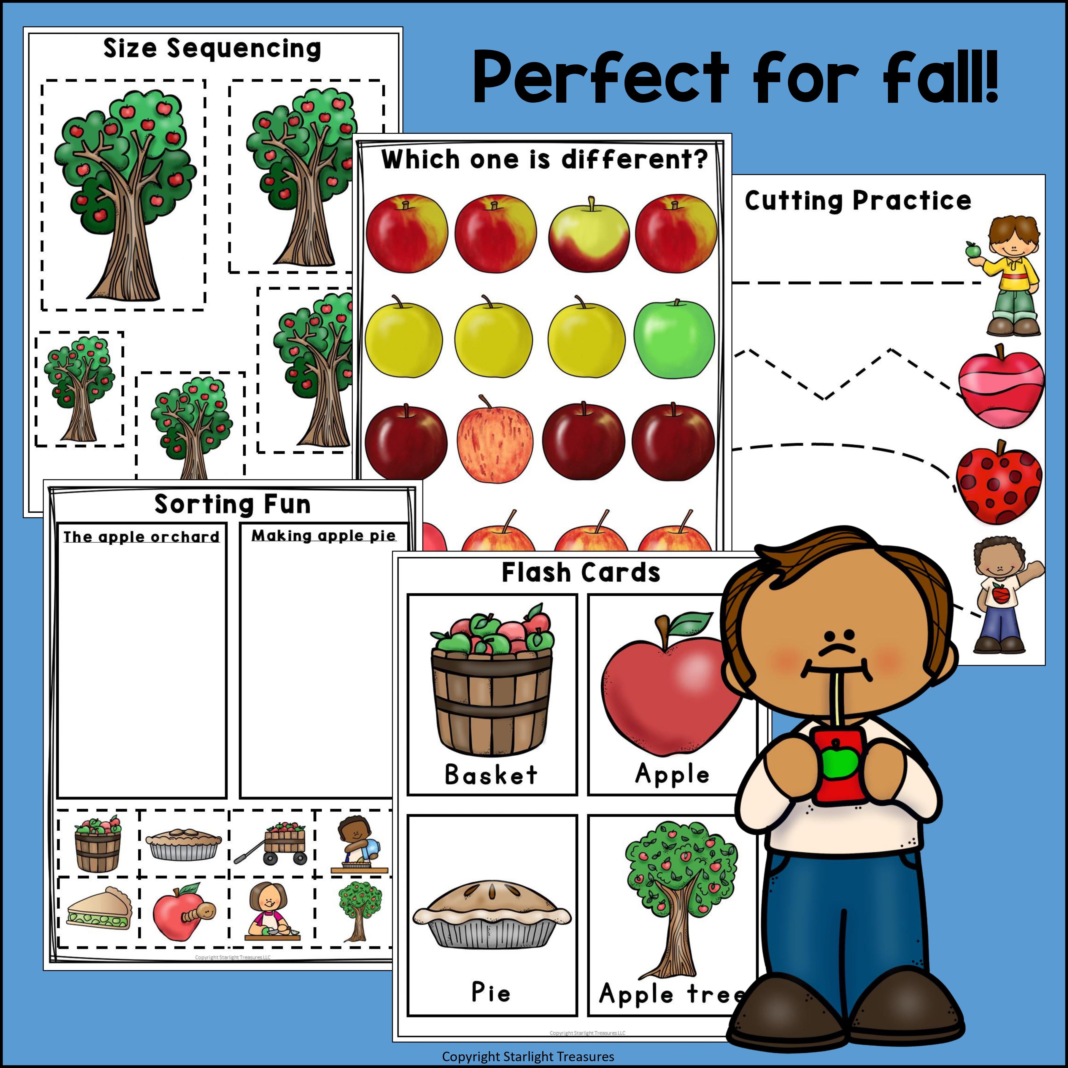 Apple Orchard Pre-K Kindergarten Worksheets for Early Readers - Fall, Apples