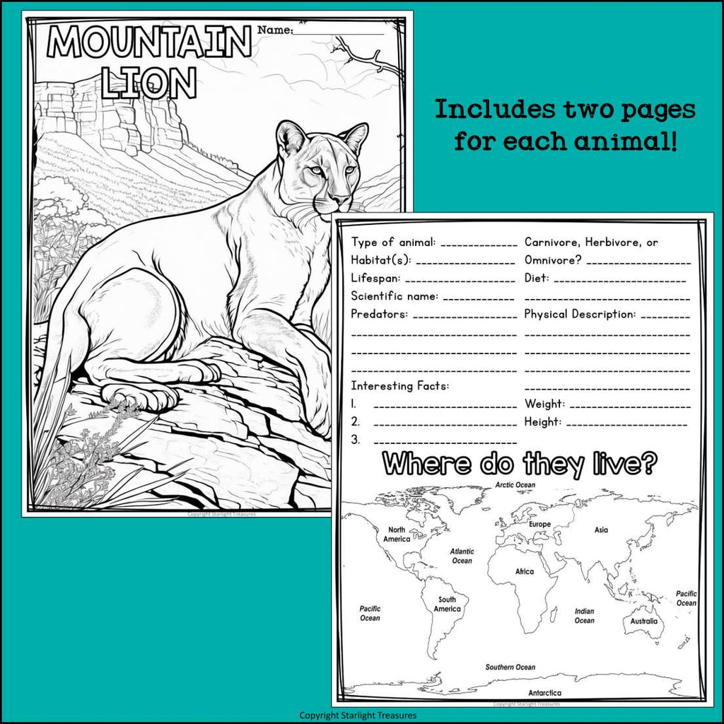Mountain Animals Research Posters, Coloring Pages - Animal Research Project