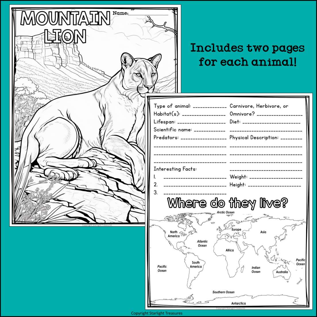 Mountain Animals Research Posters, Coloring Pages - Animal Research Project