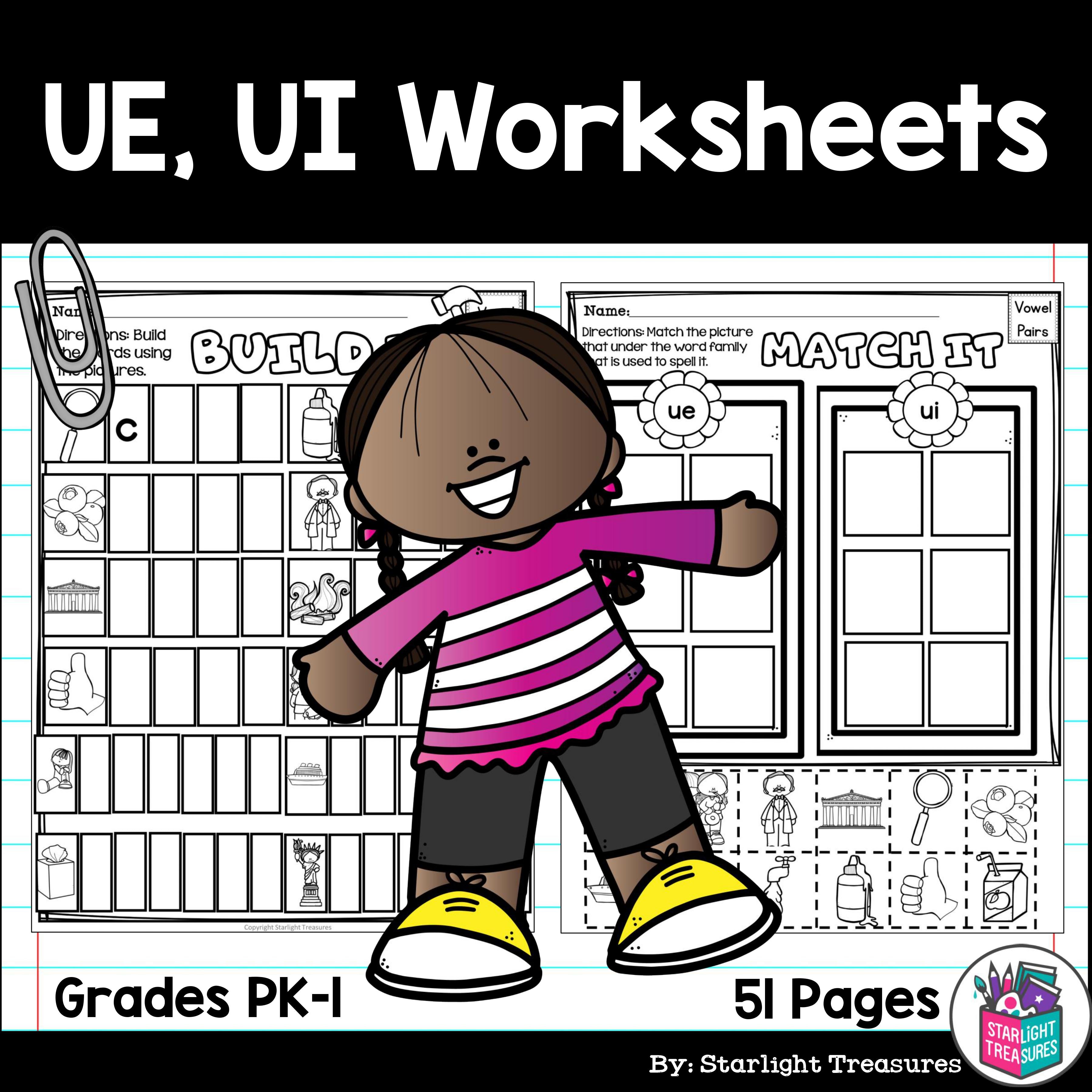 Vowel Pairs UE, UI Worksheets and Activities for Early Reader