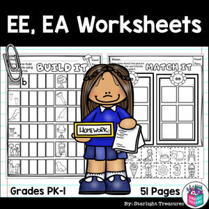 Vowel Pairs EE, EA Worksheets and Activities for Early Readers 