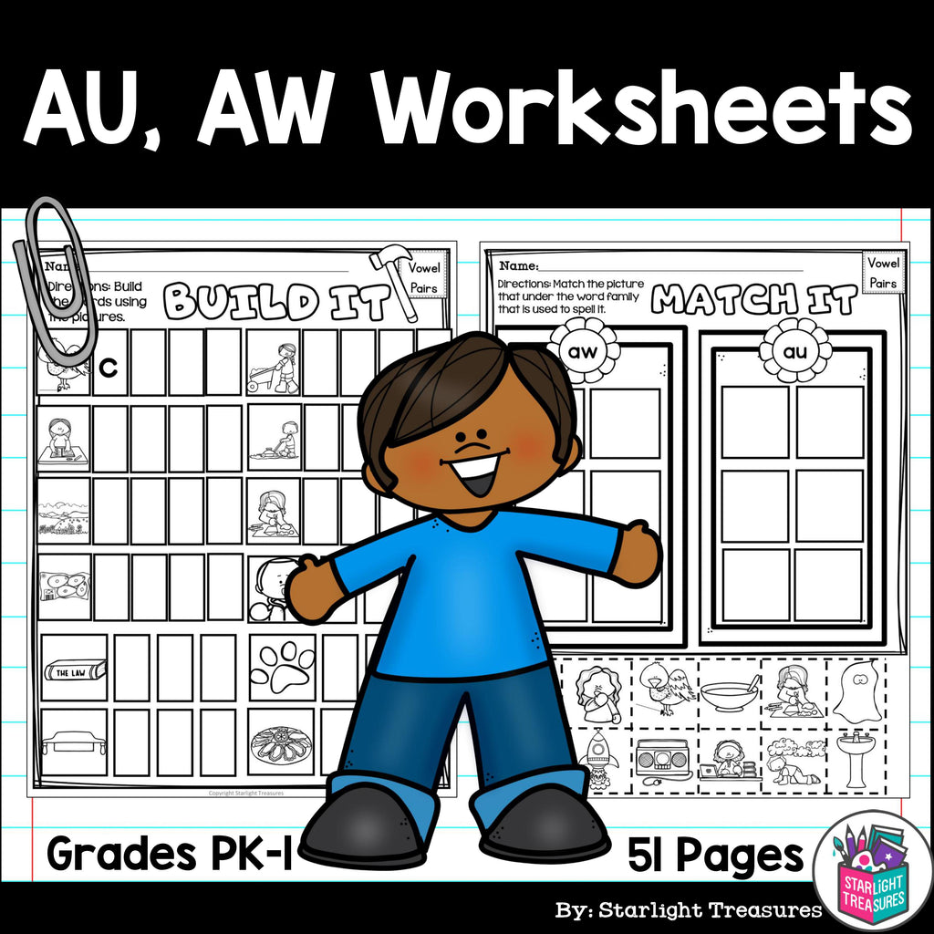 Vowel Pairs AU, AW Worksheets and Activities for Early Readers