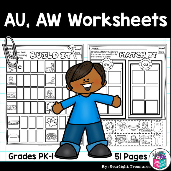 Vowel Pairs AU, AW Worksheets and Activities for Early Readers