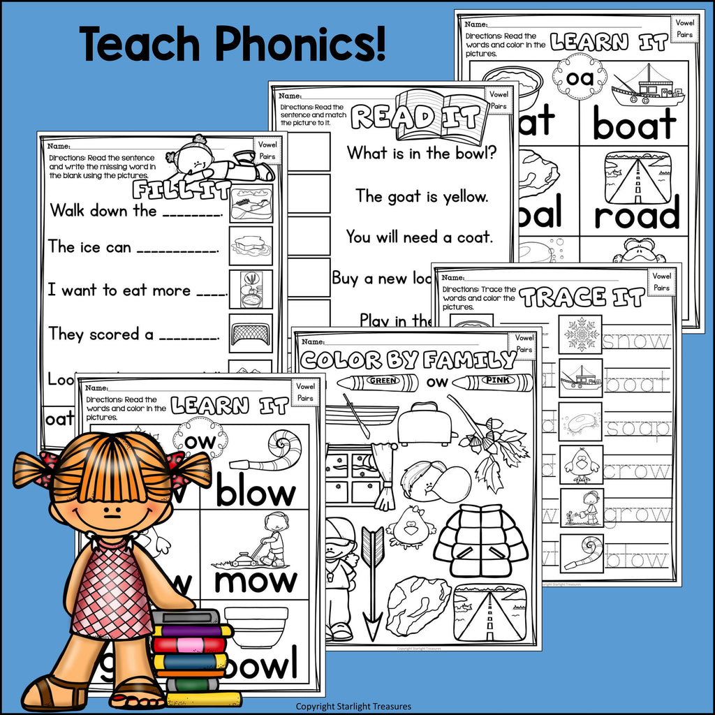Vowel Pairs OA, OW Worksheets and Activities for Early Readers
