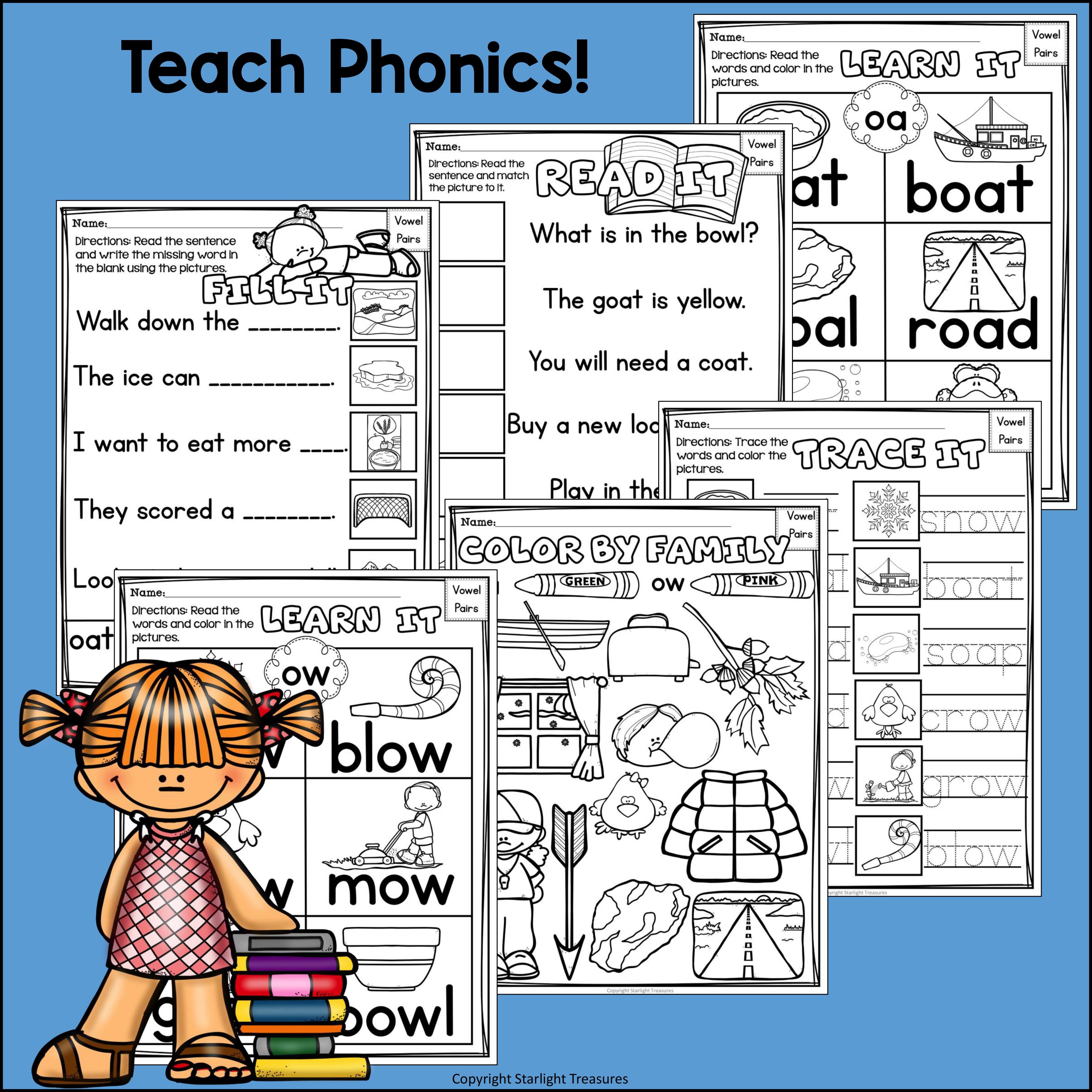 Vowel Pairs OA, OW Worksheets and Activities for Early Readers