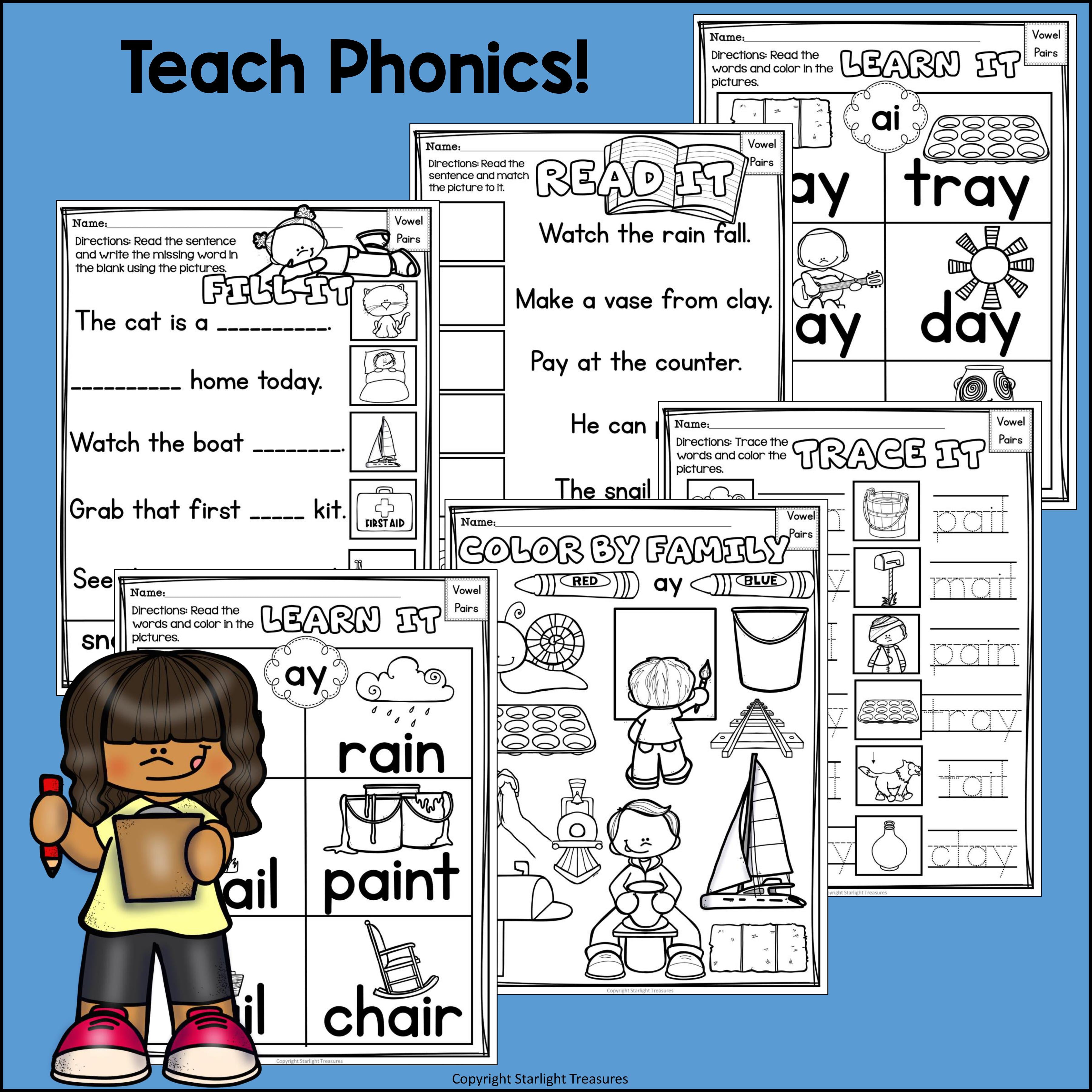Vowel Pairs AI, AY Worksheets and Activities for Early Readers