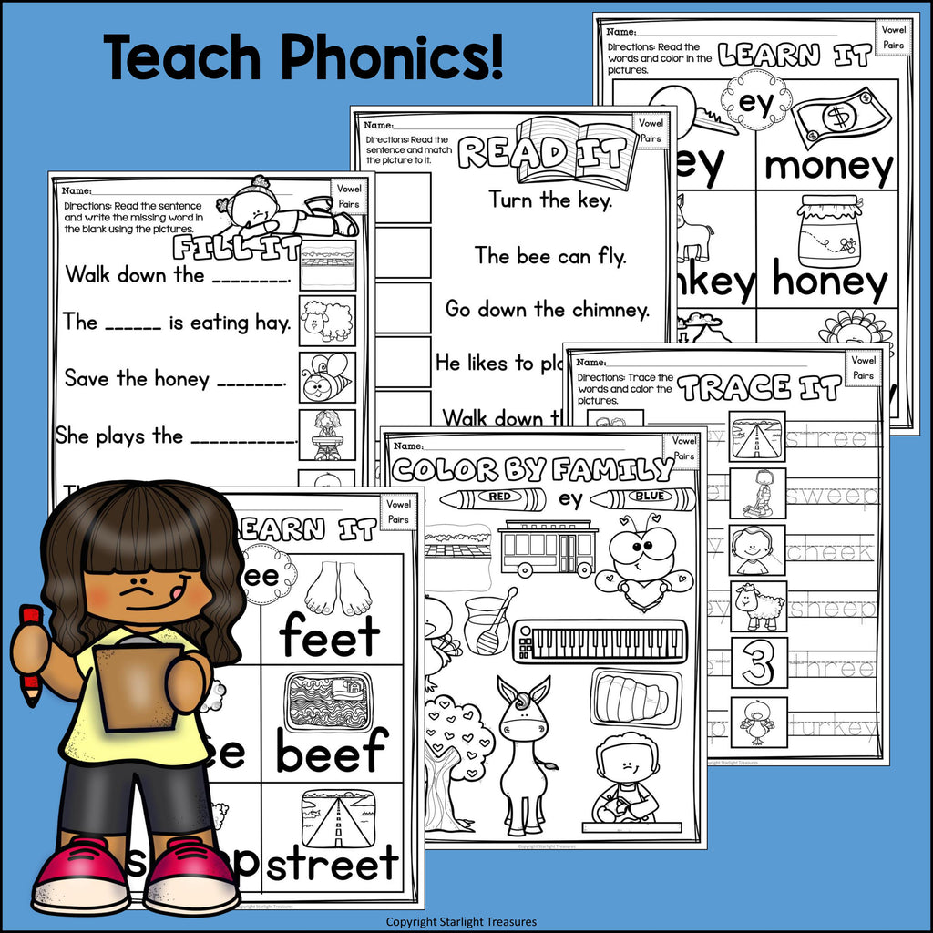 Vowel Pairs EE, EY Worksheets and Activities for Early Readers