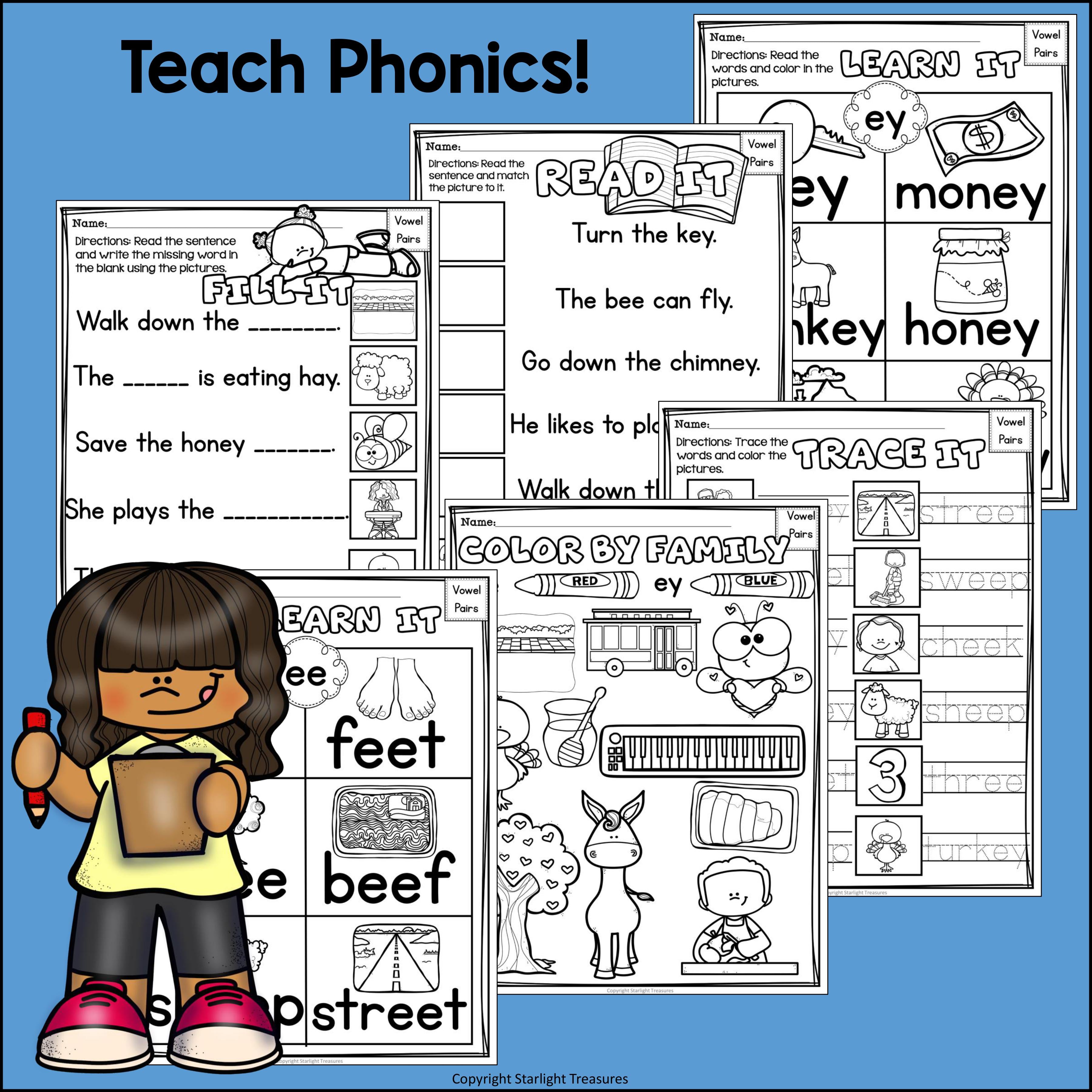 Vowel Pairs EE, EY Worksheets and Activities for Early Readers