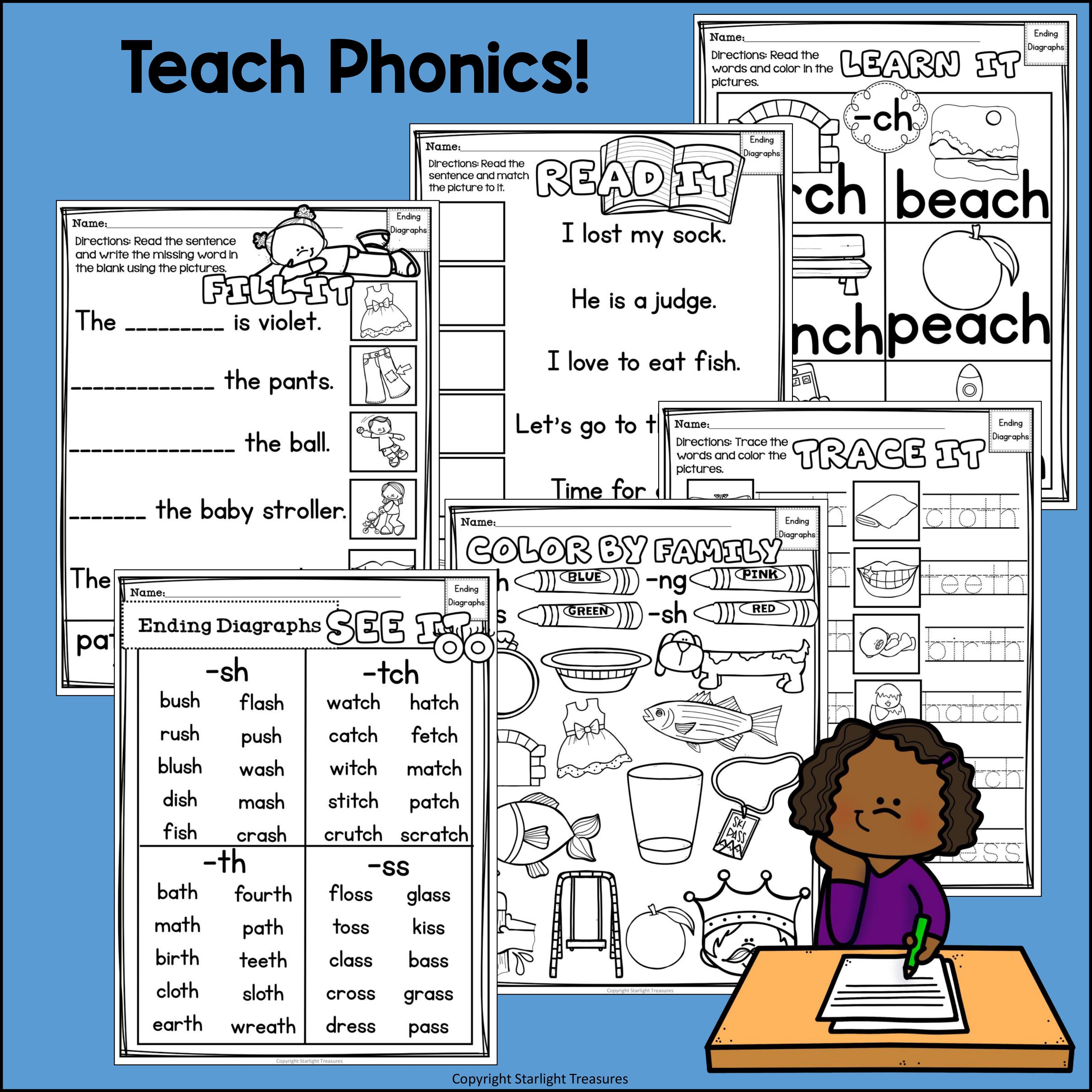 Ending Digraphs Worksheets and Activities for Early Readers