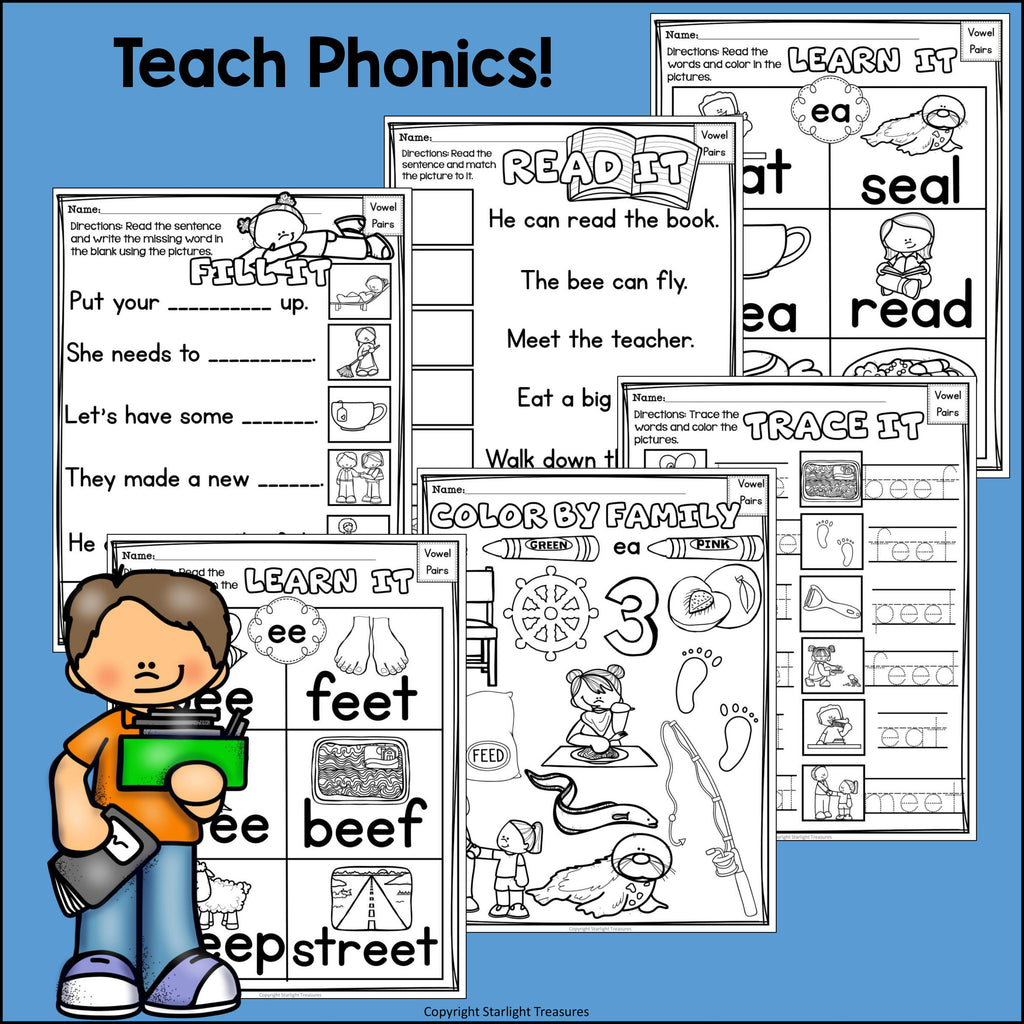 Vowel Pairs EE, EA Worksheets and Activities for Early Readers 
