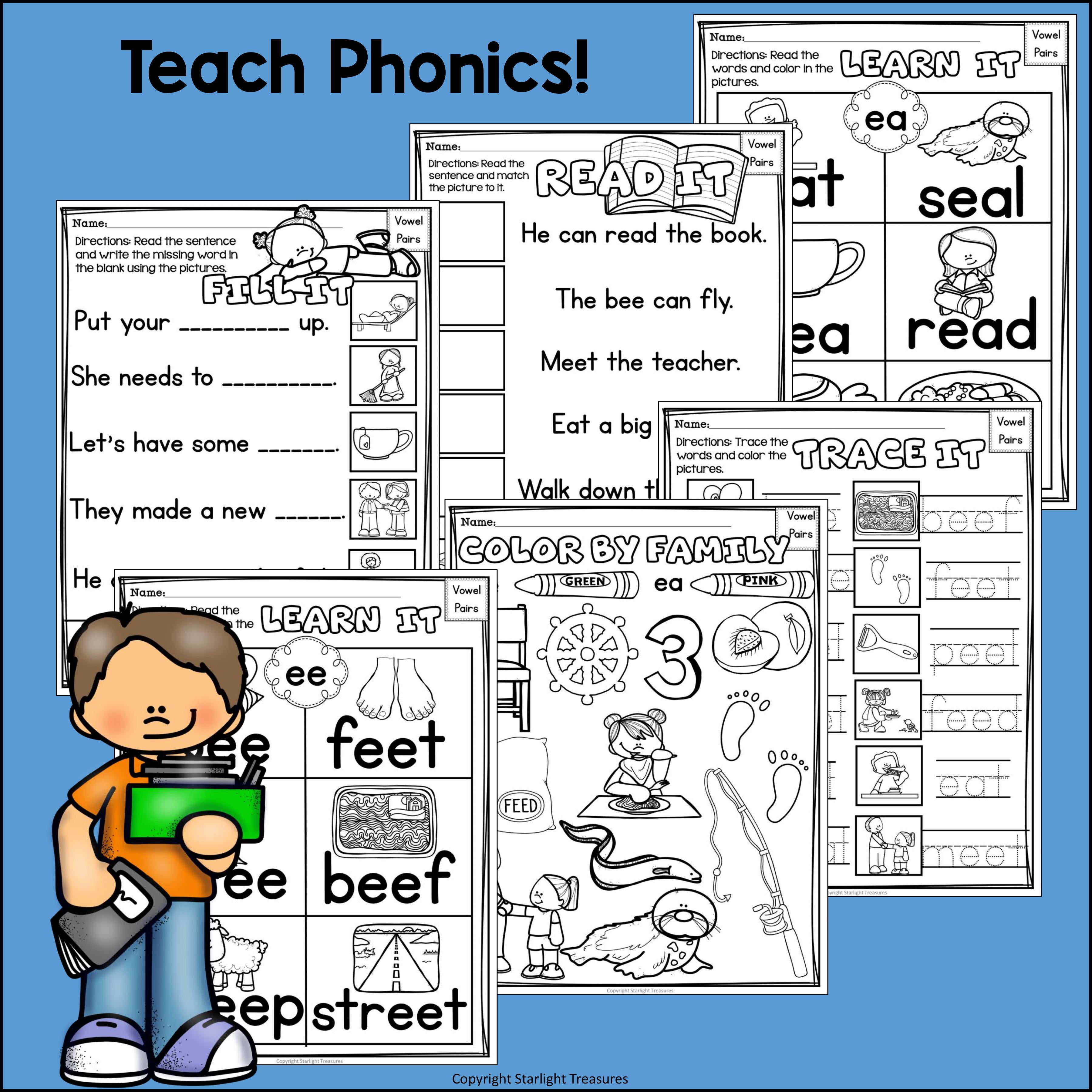 Vowel Pairs EE, EA Worksheets and Activities for Early Readers 