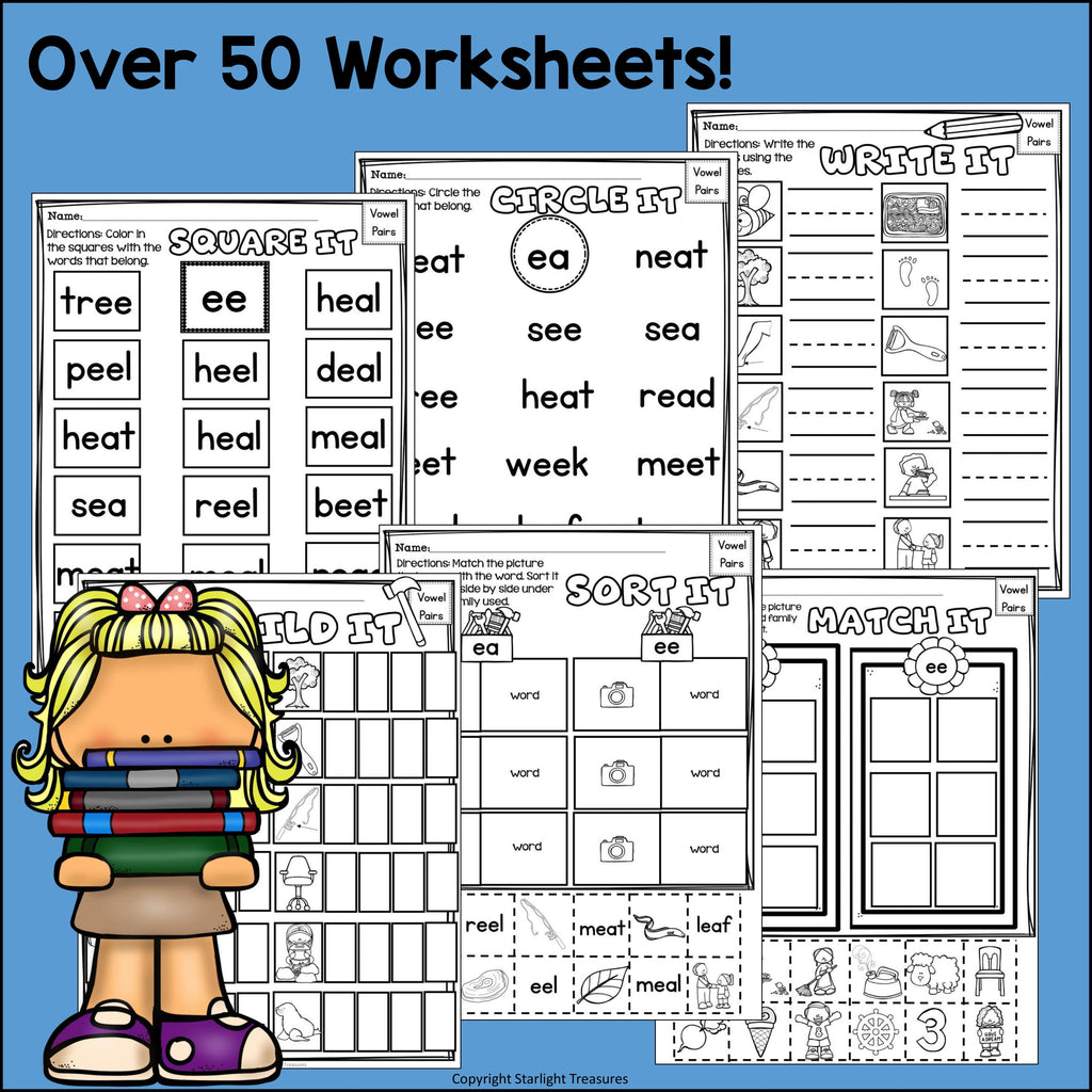 Vowel Pairs EE, EA Worksheets and Activities for Early Readers 