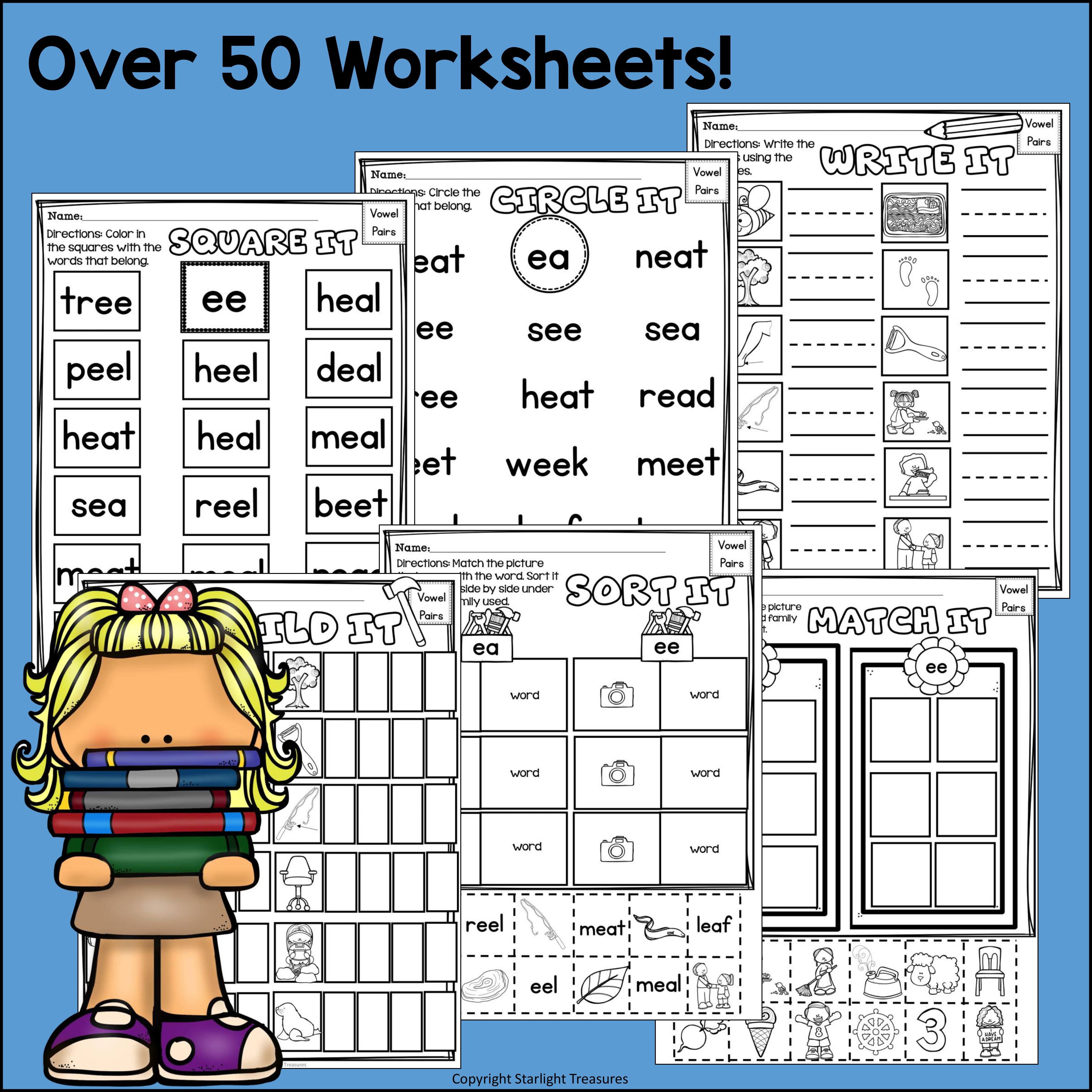 Vowel Pairs EE, EA Worksheets and Activities for Early Readers 