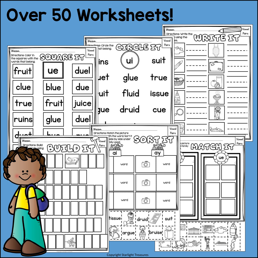 Vowel Pairs UE, UI Worksheets and Activities for Early Reader