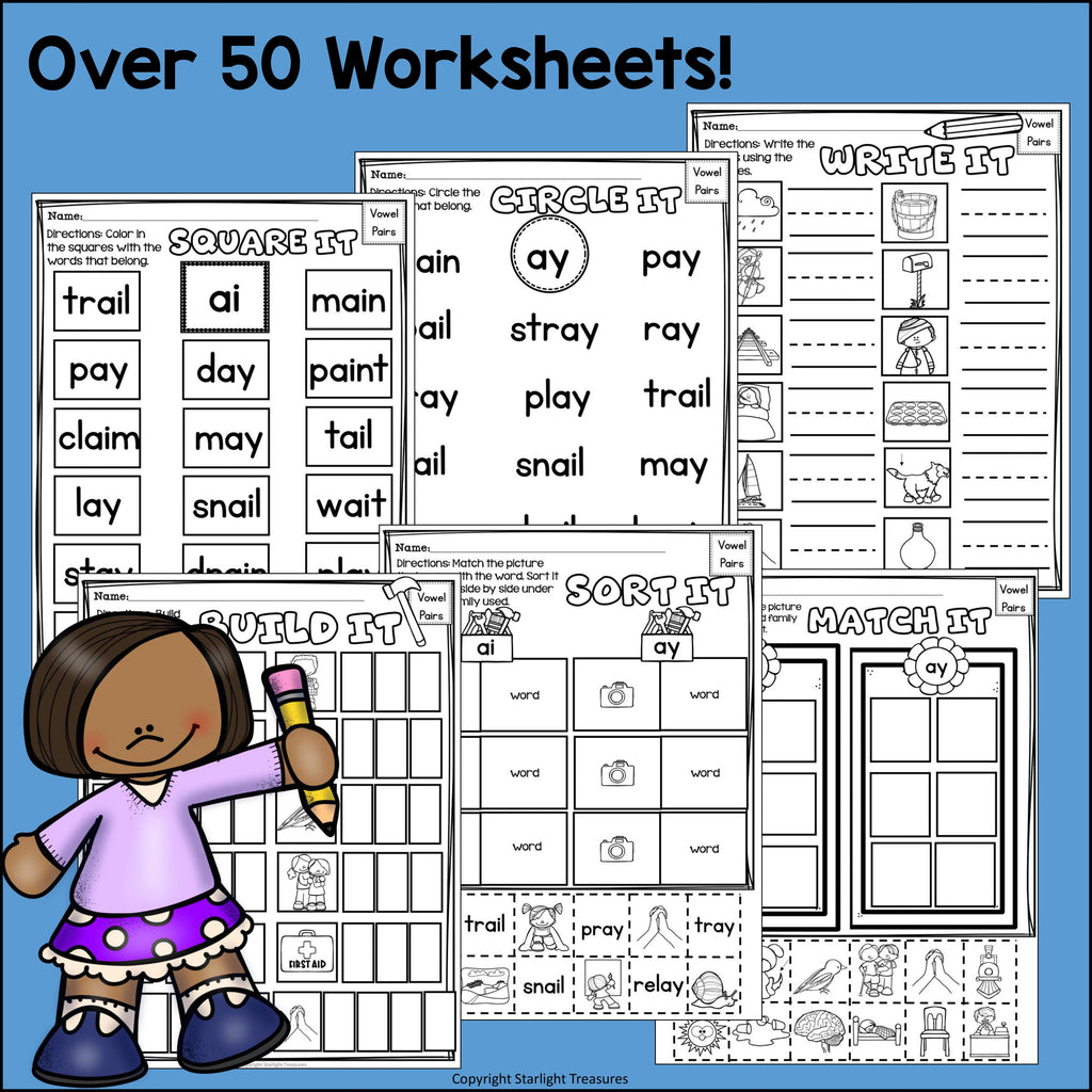 Vowel Pairs AI, AY Worksheets and Activities for Early Readers