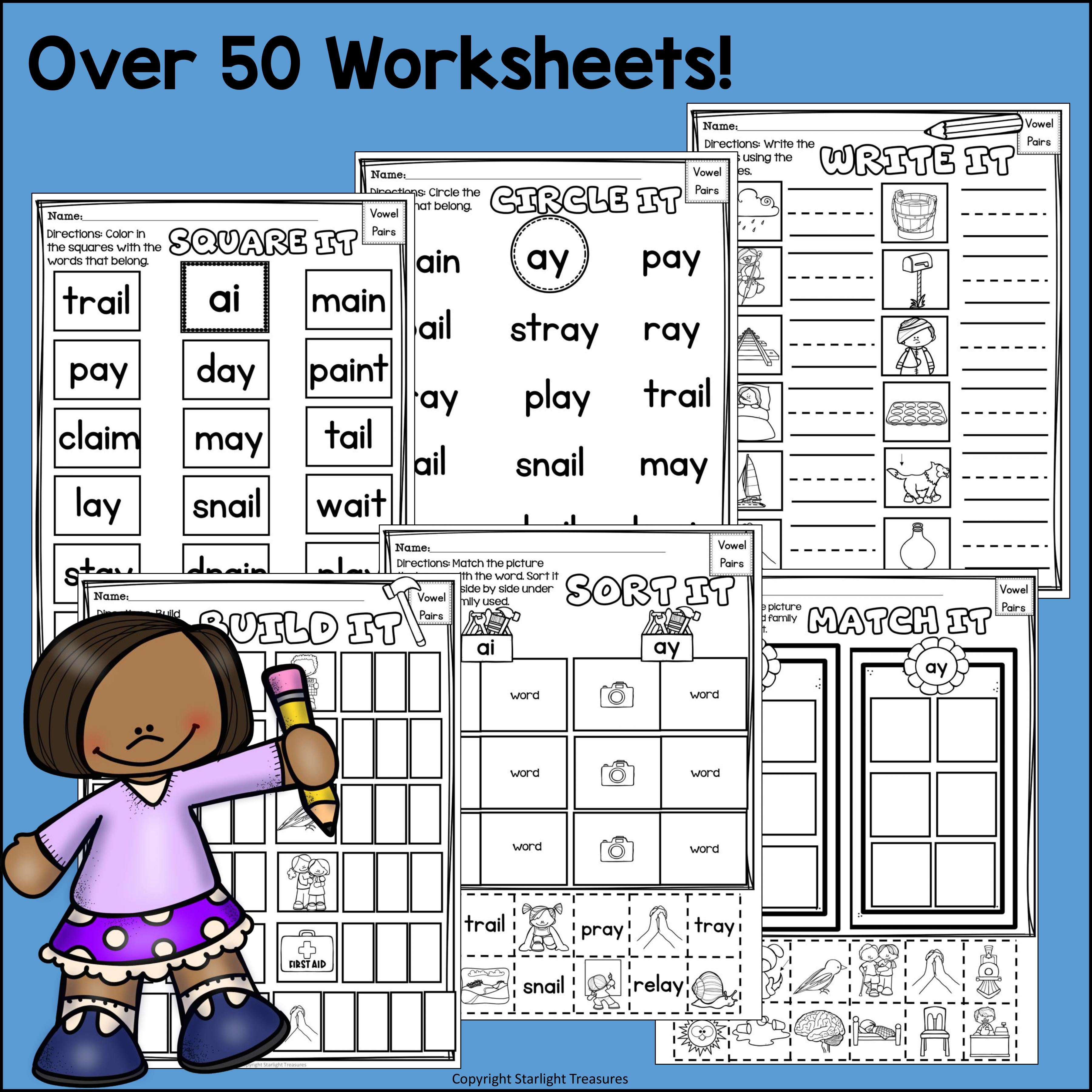 Vowel Pairs AI, AY Worksheets and Activities for Early Readers