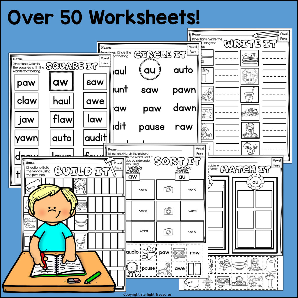 Vowel Pairs AU, AW Worksheets and Activities for Early Readers