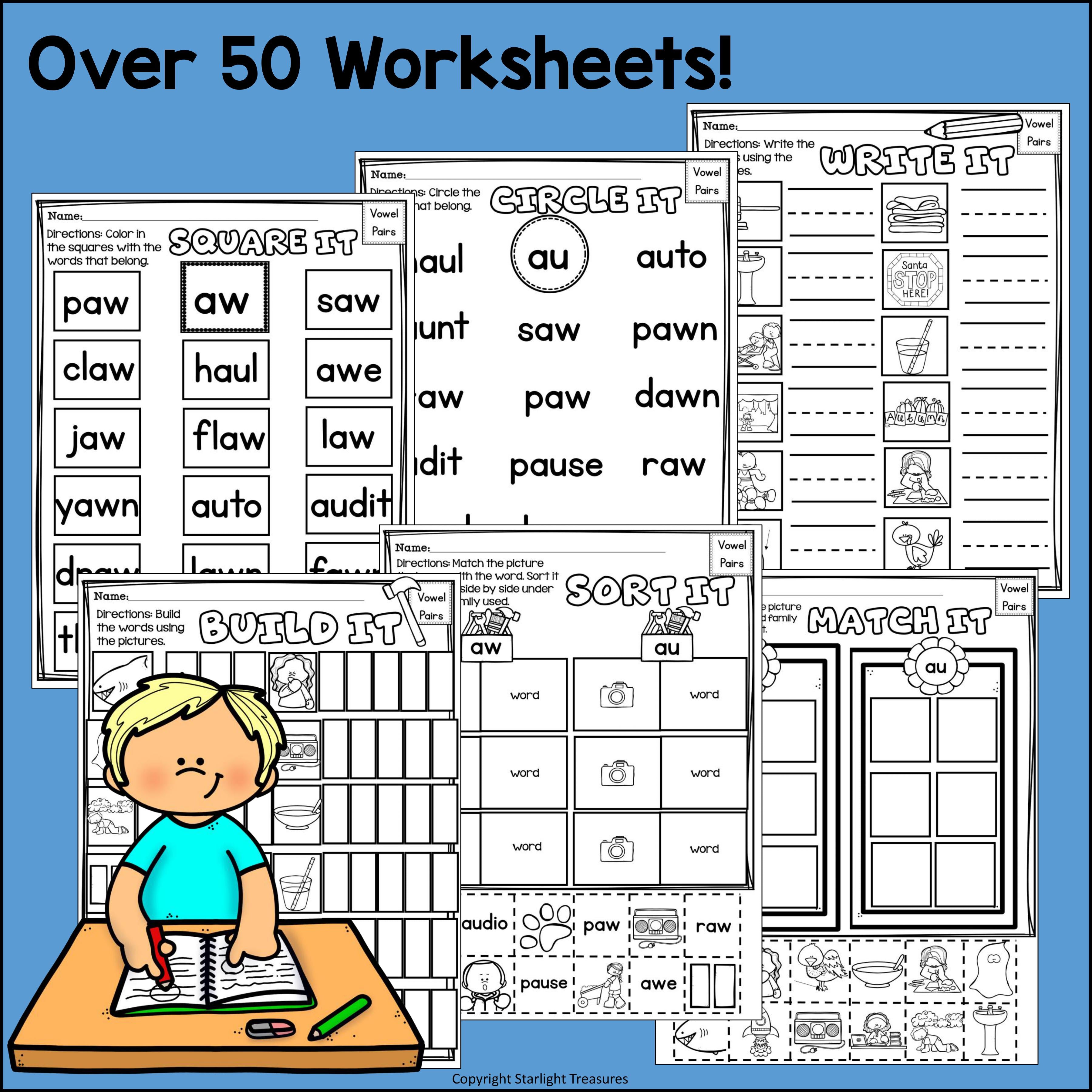 Vowel Pairs AU, AW Worksheets and Activities for Early Readers