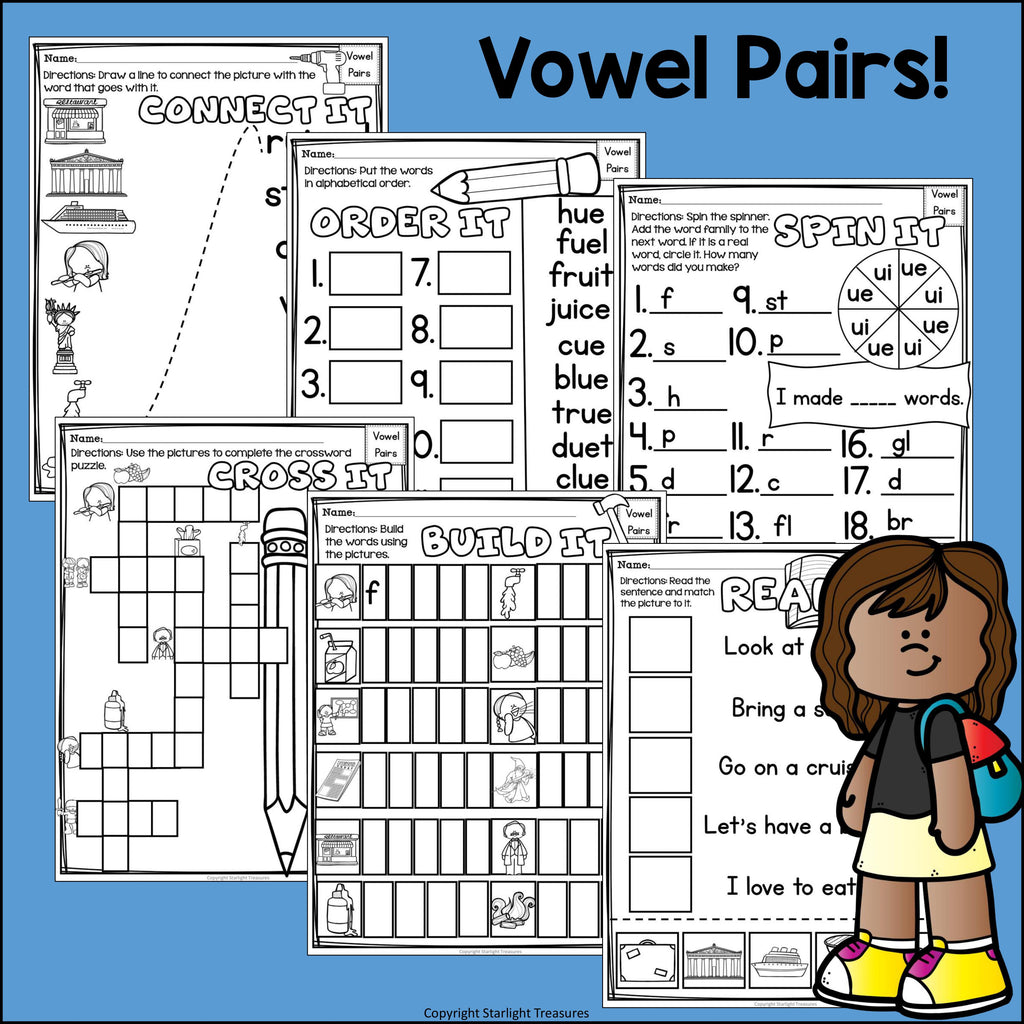 Vowel Pairs UE, UI Worksheets and Activities for Early Reader